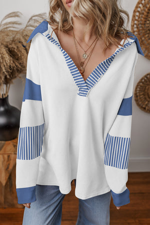 Pale Chestnut Striped Patchwork Collar Sweatshirt