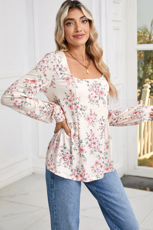 Pink Floral Print Pleated U Neck Loose Fit Blouse