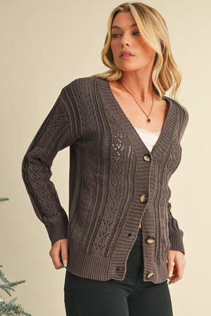 Black Hollow Knit Drop Shoulder Cardigan