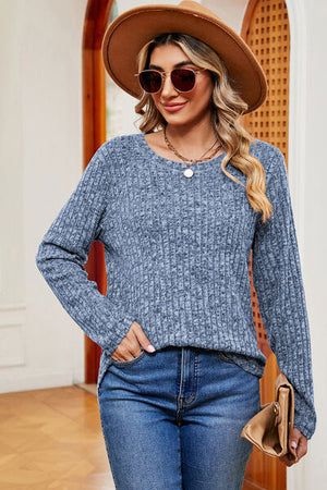 Ribbed Round Neck Long Sleeve T-Shirt