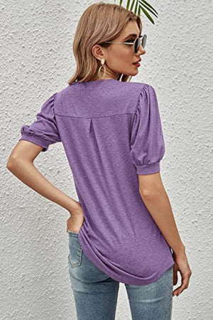 Notched Neck Puff Sleeve Tee