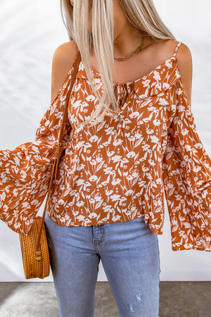 Floral Cold-Shoulder Flare Sleeve Blouse