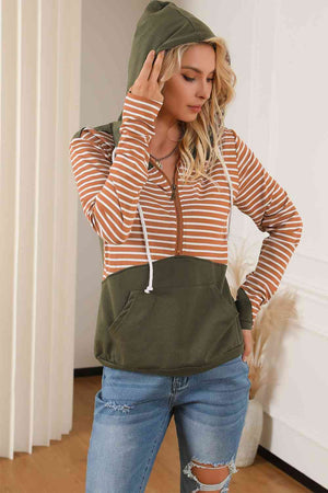 Striped Color Block Drawstring Hoodie