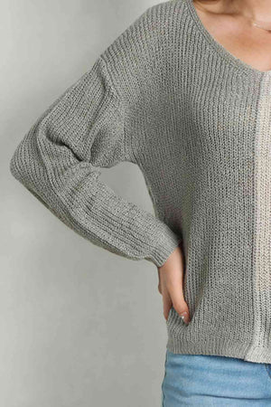 Contrast Color V-Neck Long Sleeve Pullover Sweater