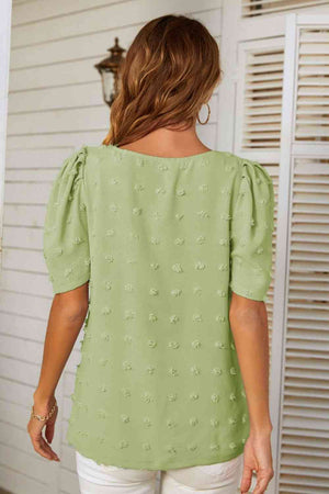 Swiss Dot V-Neck Puff Sleeve Blouse