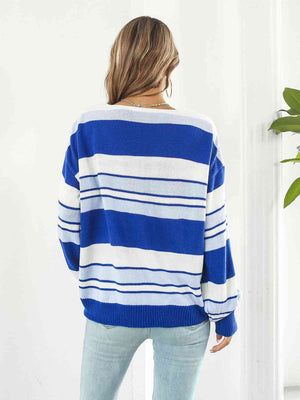 Striped V-Neck Long Sleeve Knit Top