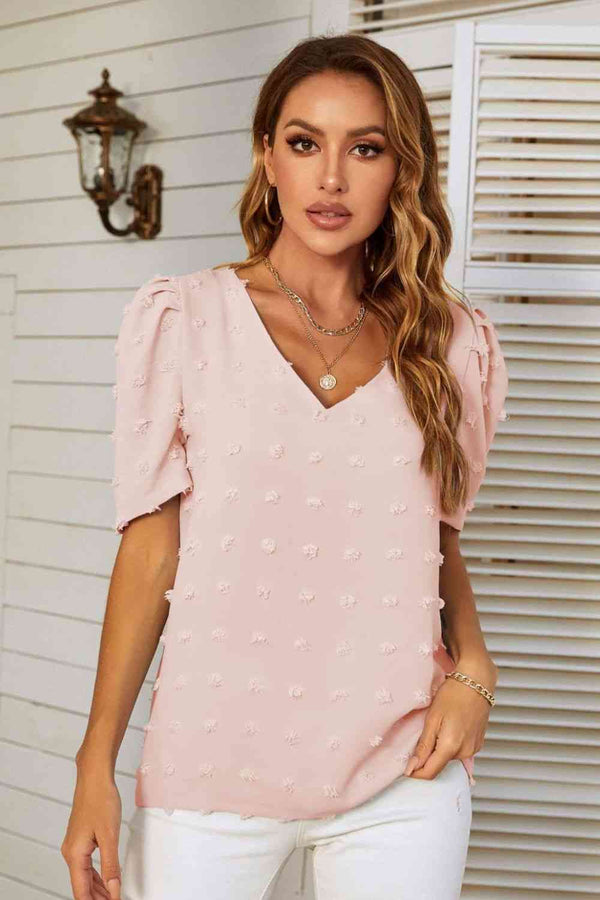 Swiss Dot V-Neck Puff Sleeve Blouse