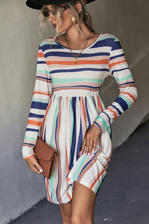 Striped Round Neck Long Sleeve Tee Dress