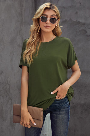 Round Neck Short Sleeve Solid Color Tee