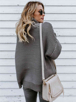 Turtleneck Dropped Shoulder Slit Sweater