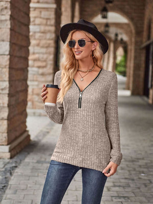 Half-Zip V-Neck Long Sleeve Top