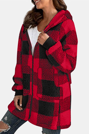 Double Take Full Size Plaid Long Sleeve Hooded Coat