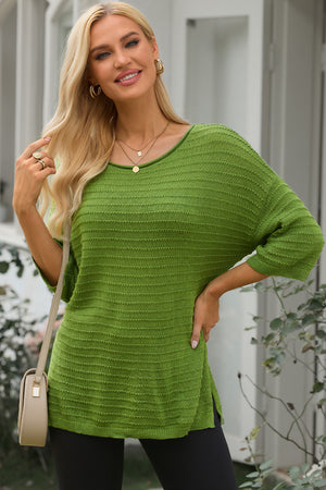 Round Neck Dropped Shoulder Side Slit Pullover Sweater