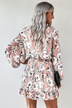 Floral Balloon Sleeve Ruffle Hem Dress