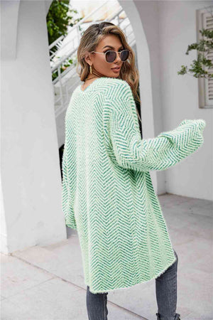 Herringbone Pattern Open Front Longline Fuzzy Cardigan