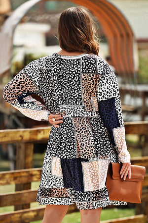 Plus Size Round Neck Leopard Print Long Sleeve Mini Dress