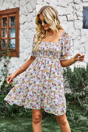 Floral Square Neck Smocked Frill Trim Dress