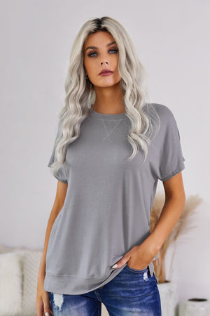 Round Neck Short Sleeve Solid Color Tee