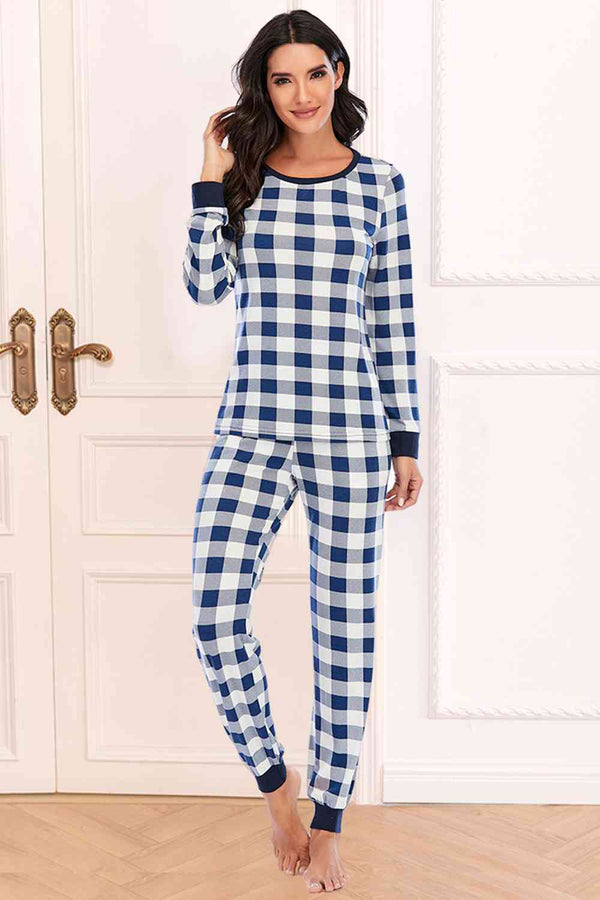 Plaid Round Neck Top and Pants Set