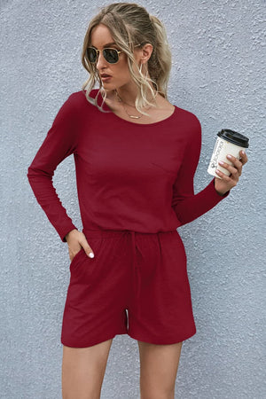 Drawstring Waist Long Sleeve Romper