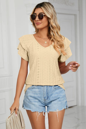 Eyelet Layered Flutter Sleeve V-Neck Knit Top