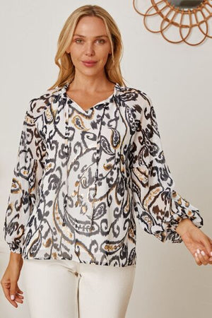 Printed Tie Neck Balloon Sleeve Blouse