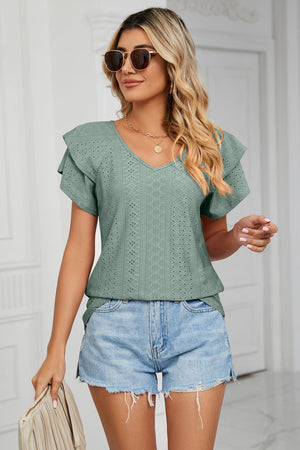 Eyelet Layered Flutter Sleeve V-Neck Knit Top