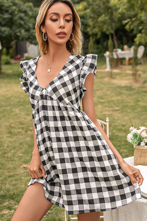 Plaid Butterfly Sleeve Deep V Dress