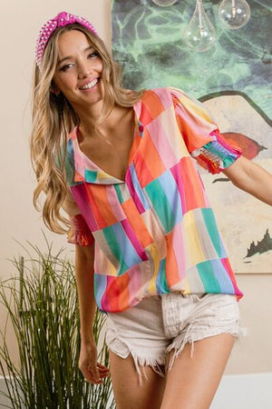 BiBi Color Block Smocked Short Sleeve Blouse