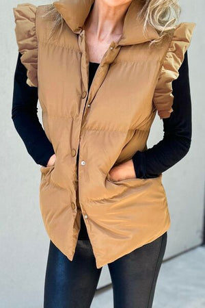 Ruffled Snap Down Mock Neck Vest Coat