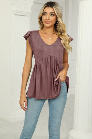 V-Neck Flutter Sleeve Babydoll Blouse