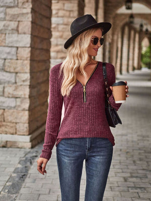 Half-Zip V-Neck Long Sleeve Top