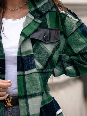 Pocketed Plaid Button Up Dropped Shoulder Shacket