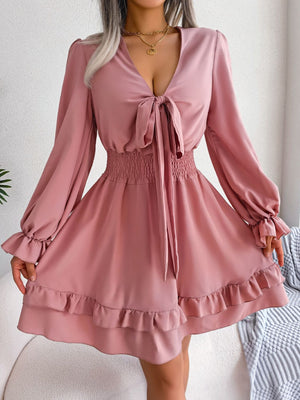 Tie Front Smocked Waist Flounce Sleeve Dress