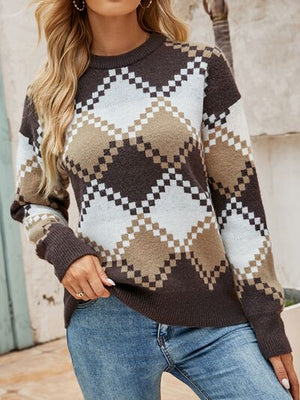 Plaid Round Neck Dropper Shoulder Sweater