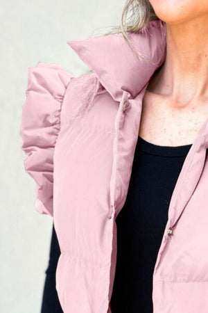 Ruffled Snap Down Mock Neck Vest Coat