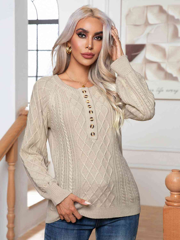 Cable-Knit Round Neck Buttoned Sweater