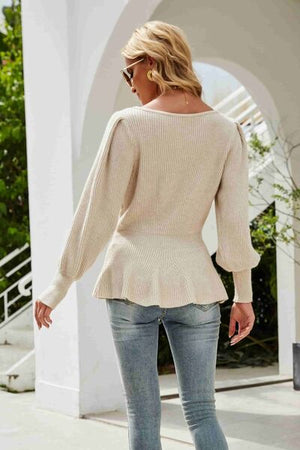 .Ribbed Round Neck Lantern Sleeve Sweater