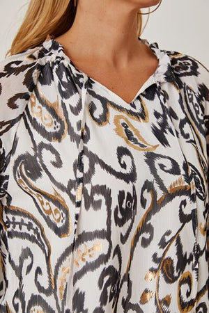 Printed Tie Neck Balloon Sleeve Blouse