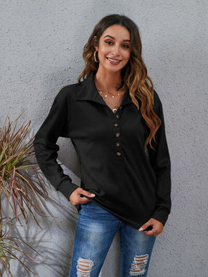 Half Button Dropped Shoulder Blouse