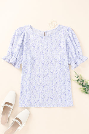 Printed Round Neck Half Flounce Sleeve Top