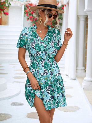 Floral Tie Neck Puff Sleeve Tiered Dress