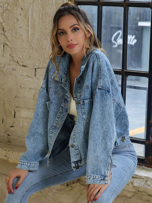 Collared Neck Dropped Shoulder Denim Jacket