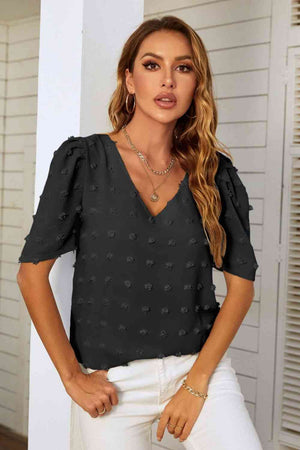 Swiss Dot V-Neck Puff Sleeve Blouse