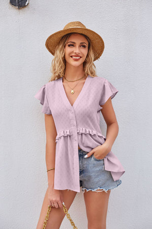 Buttoned V-Neck Ruffle Trim Top