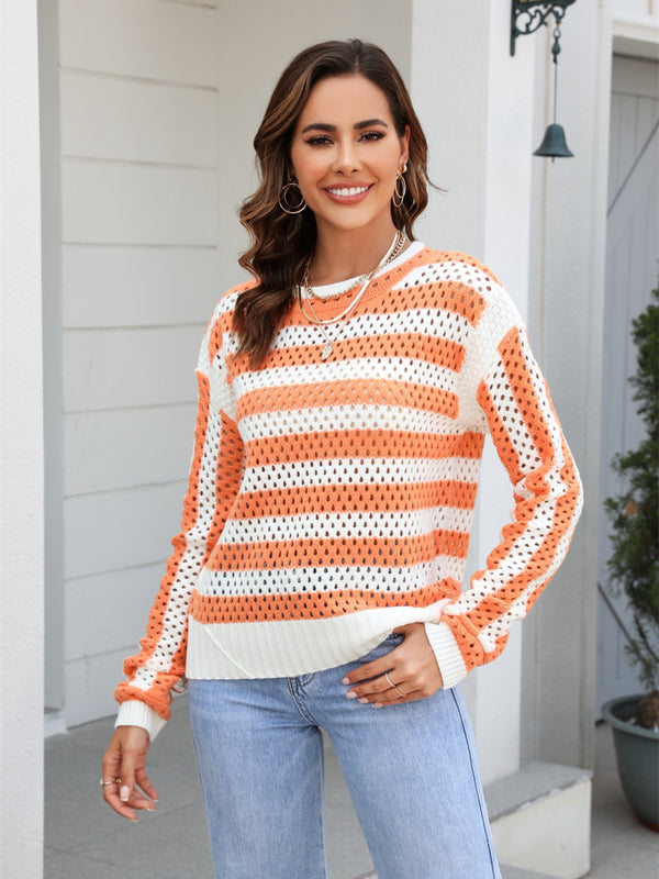 Striped Openwork Round Neck Sweater