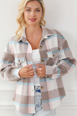 Pocketed Plaid Collared Neck Jacket