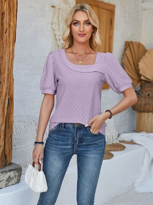 Eyelet Asymmetrical Neck Short Sleeve T-Shirt