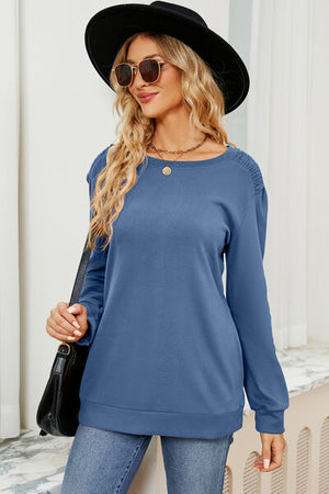 Ruched Round Neck Long Sleeve T-Shirt