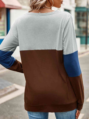 Color Block Cutout Round Neck Long Sleeve T-Shirt